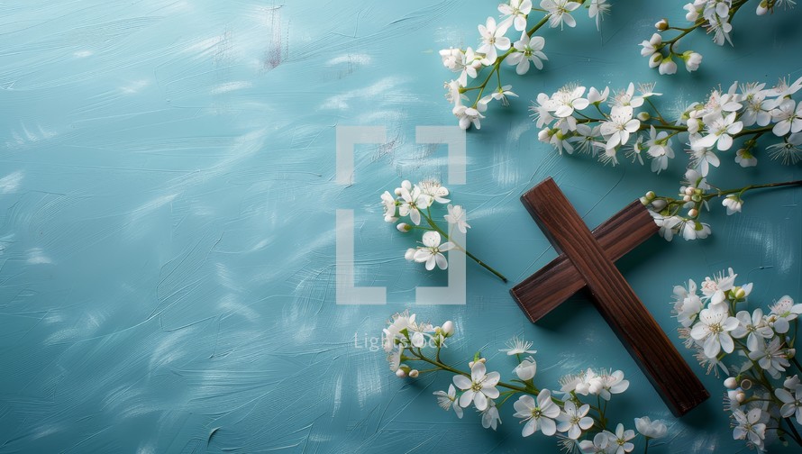 Wooden cross and white flowers on blue background. Easter concept.