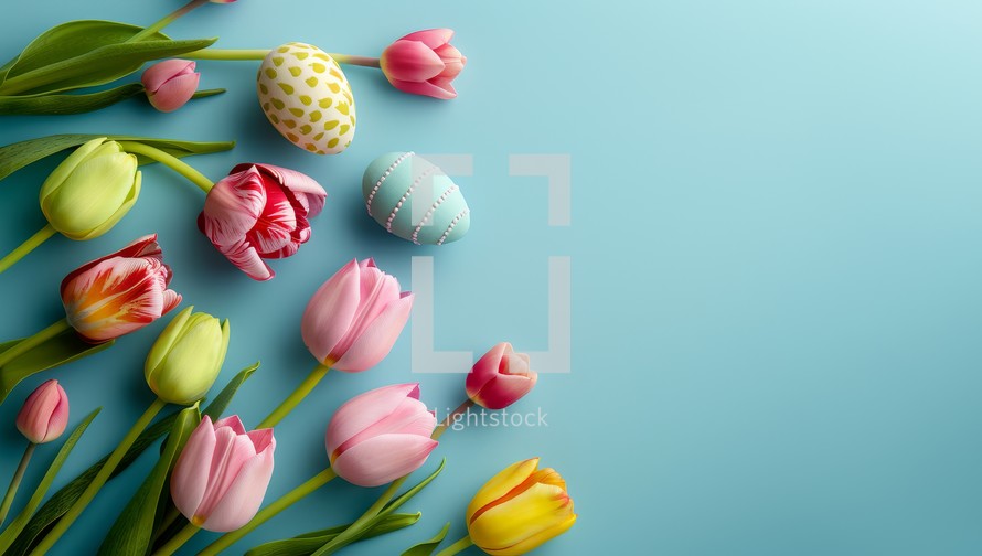 Easter background with tulips and easter eggs on blue background