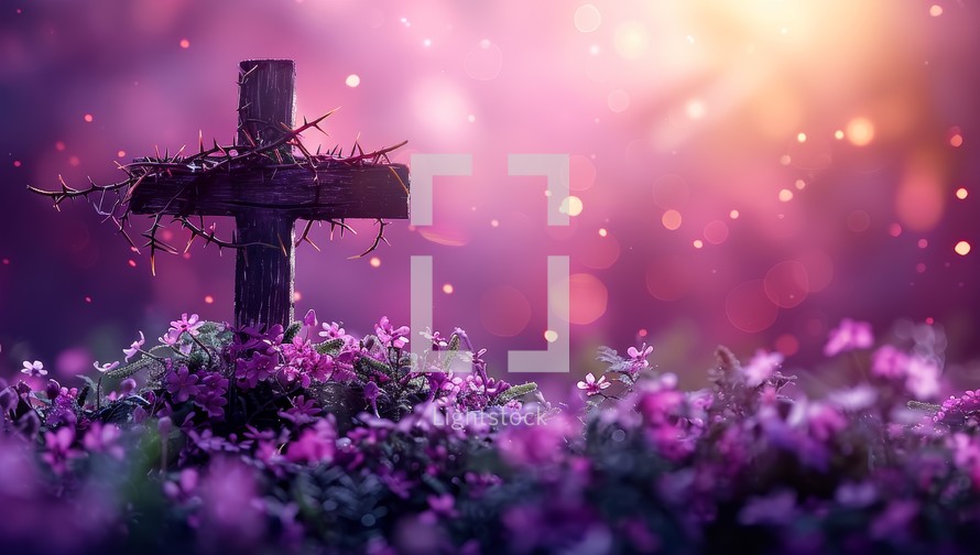 Wooden cross on the meadow with purple flowers and bokeh