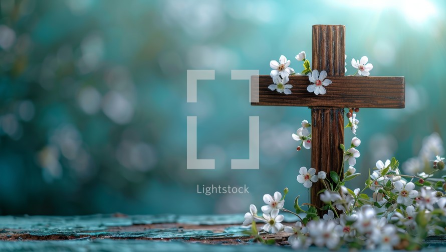 Wooden cross with white flowers on an old wooden background. Easter background