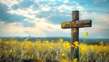 Old wooden cross in a field of yellow flowers at sunset. Cross on a background of yellow flowers