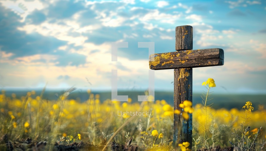 Old wooden cross in a field of yellow flowers at sunset. Cross on a background of yellow flowers