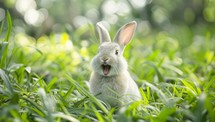 Cute rabbit on green grass with bokeh nature background.