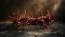 Red crown of thorns on a wooden background. Symbol of Jesus Christ.