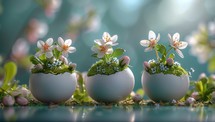 Easter eggs with spring flowers on a green background. Easter concept.