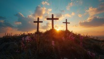 Crosses on the hill with sunset in the background. 3d rendering
