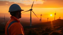 Silhouette of engineer wearing safety helmet and looking at wind turbines at sunrise