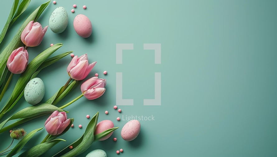 Easter eggs and tulips on green background with copy space.