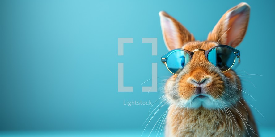 Portrait of a red rabbit with sunglasses on a blue background.