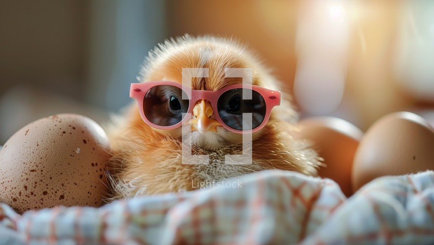 A baby chicken wearing sunglasses is sitting in a basket of eggs.