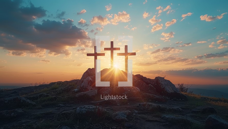 Crosses on the hill at sunset. Crucifixion concept