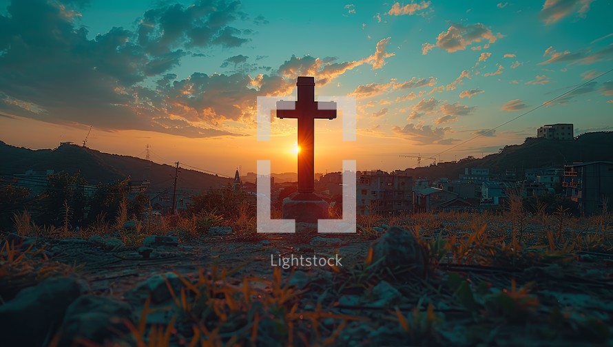 An old rugged wooden cross stands on a hill at sunset with a beautiful sky full of clouds in the background. The cross is a symbol of Christianity and the resurrection of Jesus Christ.