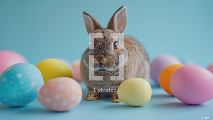Easter bunny and easter eggs on blue background. Happy Easter concept.
