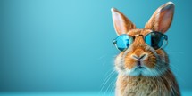 Portrait of a red rabbit with sunglasses on a blue background.