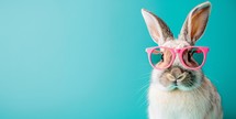 Easter bunny wearing pink glasses on blue background with copy space.