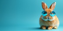 Cute Easter bunny wearing sunglasses on blue background with copy space.