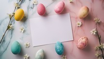 Pink and Blue Easter Eggs on Marble Background