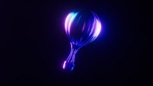 Loop animation of hot air balloon with dark neon light effect, 3d rendering.