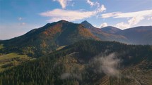 Aerial view of autumn forest nature in sunny mountains landscape
