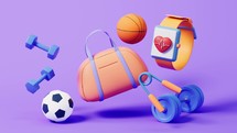 Loop animation of fitness elements with cartoon style, 3d rendering.
