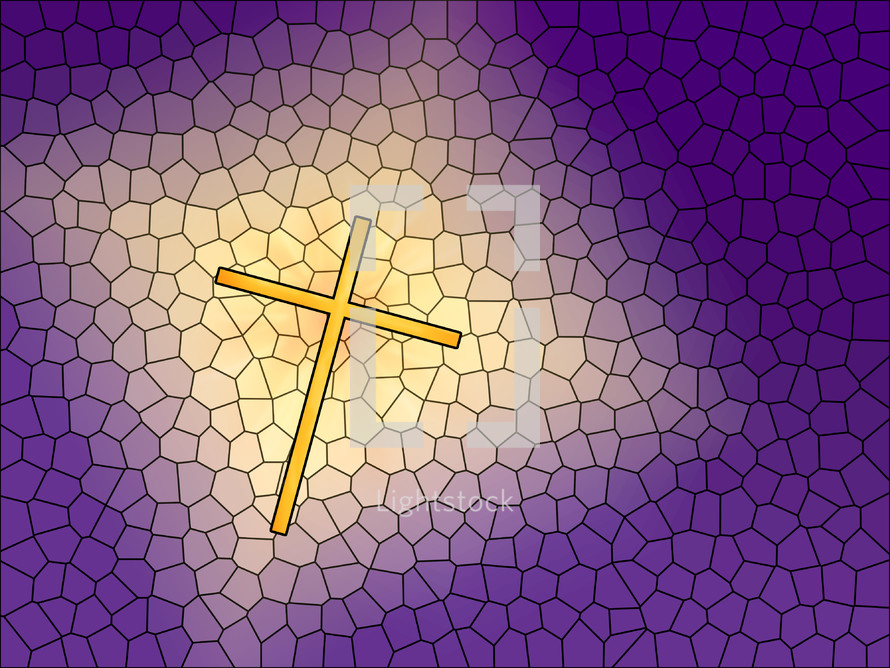 Illustration of a golden cross on a purple background with stained glass effect.