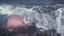 Faded slow motion footage of waves crashing over a rock.