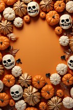 Halloween background with pumpkins and skulls. Top view with copy space