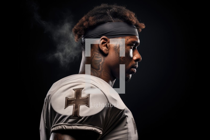 Team Jesus. African-american football player on black background with copy space