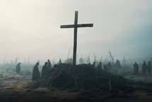 Horrors of war. Wooden cross in a destroyed field with people 