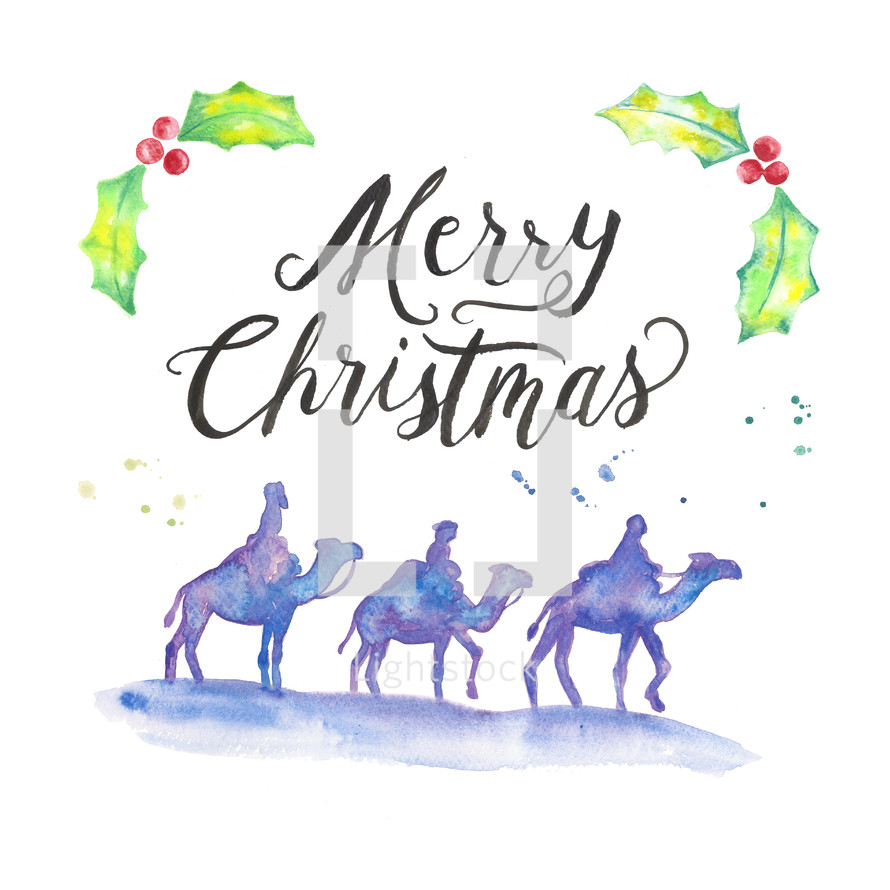 Merry Christmas hand lettering and water color holiday pack with holly, three wise men, camels, and paint splatters.