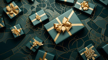 Festive green and gold gifts and packages from above. 