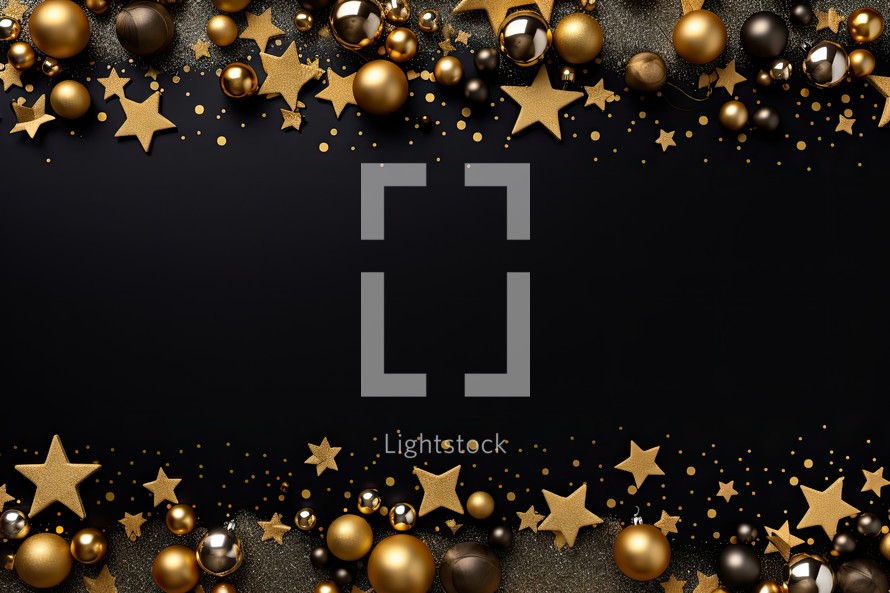 Black and gold christmas background with golden stars and balls. 3d illustration