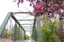 iron bridge with flowering tree in foreground