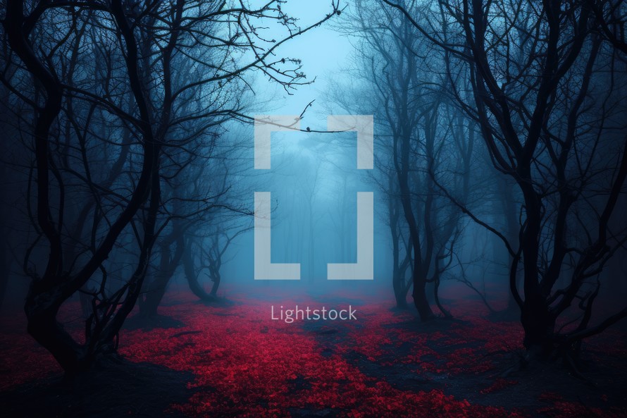 Mystical dark forest with fog and red light. Halloween concept