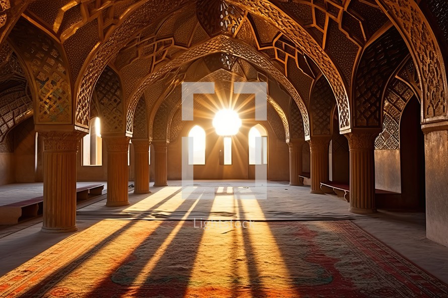  Sunset illuminating an ornate mosque interior