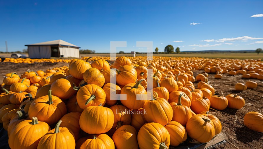 Pumpkin patch on sunny autumn day. Colorful pumpkins ready for Halloween.