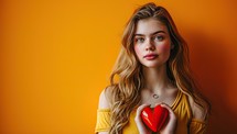 woman holding a red heart against a vibrant orange background