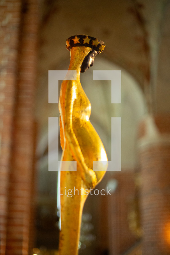 A statue of Virgin Mary in a cathedral environment 