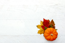 orange pumpkin and fall leaves on white background 