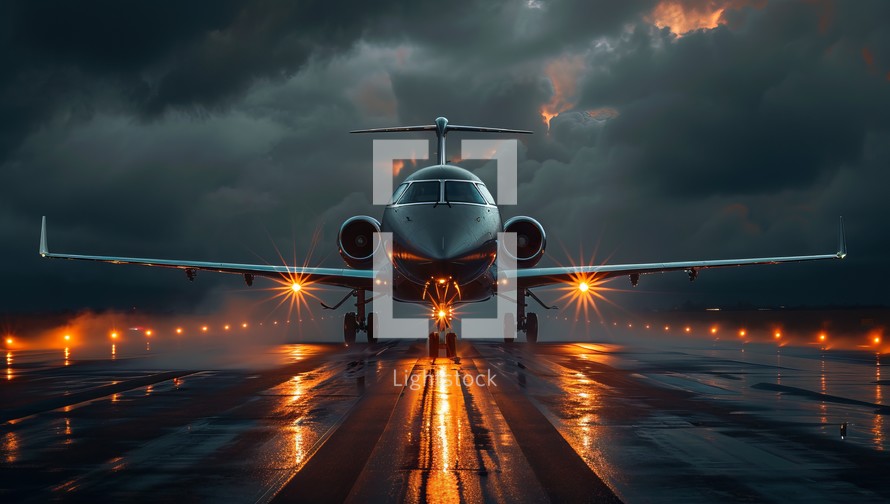 Airplane on the runway at night with dramatic clouds.