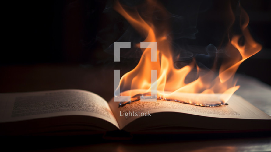 Closeup of an open book on fire. 