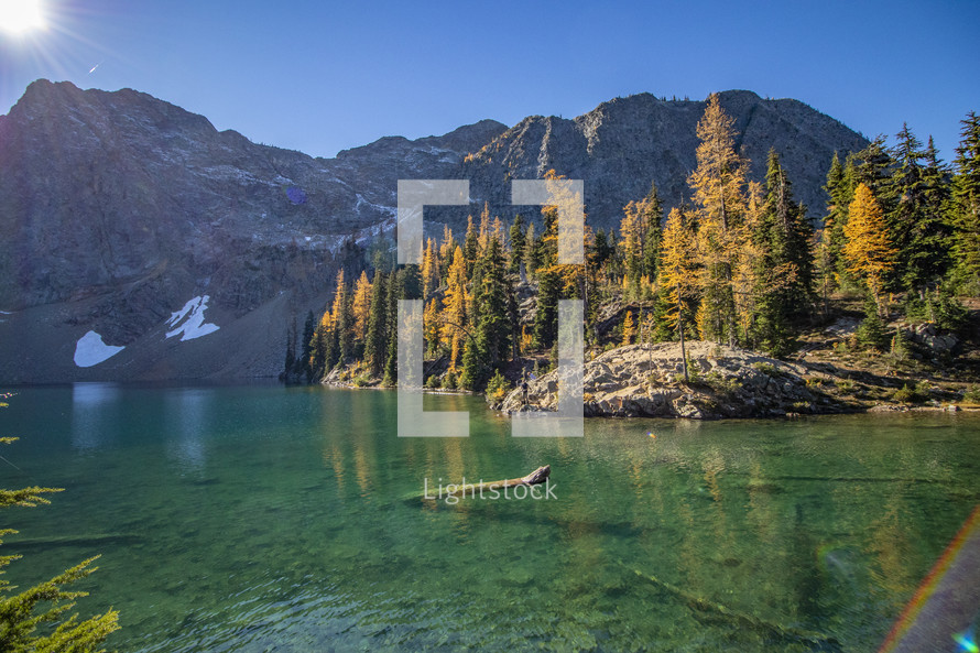 clear water lake and fall mountain scene 
