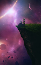 woman reading a Bible at the edge of a cliff and space 