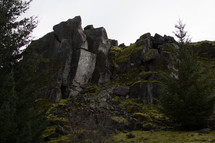 Rugged stone cliffs.