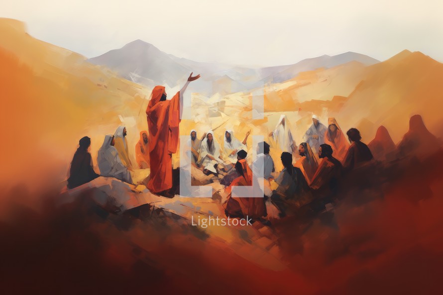 Jesus preaching in the mountains. Illustration in oil painting style