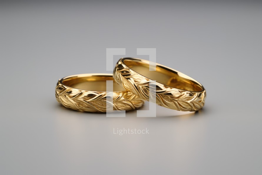 Sacrament: Matrimony. Two gold wedding rings on a gray background, close-up.