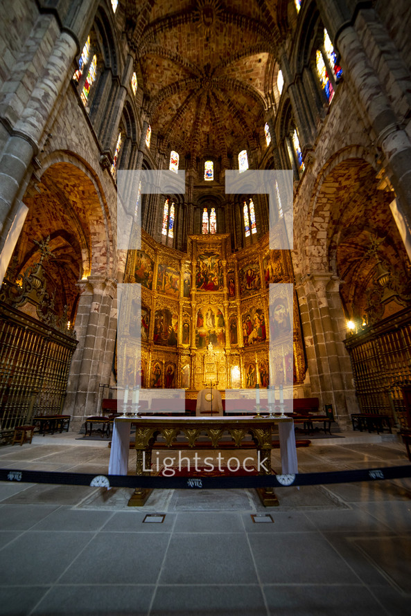 Interior of the Cathedral of Avila during the celebration of Holy Week in Spain. Biblical scenes in relief