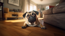 A confused pug dog on the floor. 