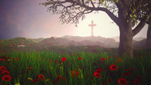 A single cross in a meadow of wildflowers