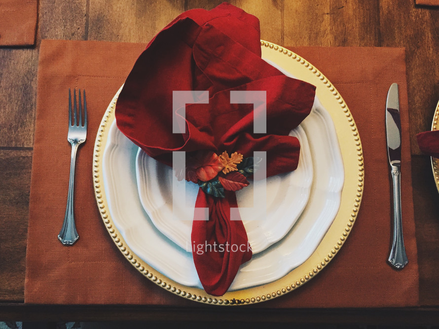 napkin on a place setting for Thanksgiving dinner 